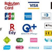 VISAカード、マスターカード、JCBカード、アメックスカード、ダイナースクラブカード、ディスカバーカード、PayPay、楽天Edy、Android Pay、Apple Pay、QUICPay、iD、nanaco、Kitaca、Suica、PASMO、tolca、,manaca、ICOCA、SUGOCA、nimoca、はやかけん