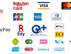 VISAカード、マスターカード、JCBカード、アメックスカード、ダイナースクラブカード、ディスカバーカード、PayPay、楽天Edy、Android Pay、Apple Pay、QUICPay、iD、nanaco、Kitaca、Suica、PASMO、tolca、,manaca、ICOCA、SUGOCA、nimoca、はやかけん