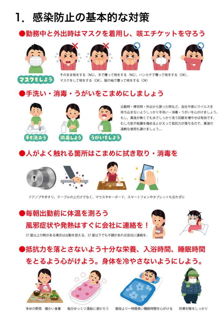 ●勤務中と外出時はマスクを着用し、咳エチケットを守ろう ●手洗い・消毒・うがいをこまめにしましょう ●人がよく触れる箇所はこまめに拭き取り・消毒を ●毎朝出勤前に体温を測ろう。風邪症状や発熱はすぐに会社に連絡を！ ●抵抗力を落とさないよう十分な栄養、入浴時間、睡眠時間をとるよう心がけよう。身体を冷やさないようにしよう。